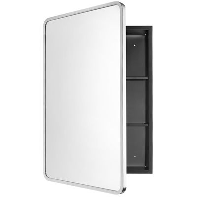 Movo Medicine Cabinet with Mirror, 20 Inch x 31 Inch Metal Framed Bathroom Mirror Medicine Cabinet Rectangle Tilting Beveled Vanity Mirrors Recess or Surface Mount Installation Chrome