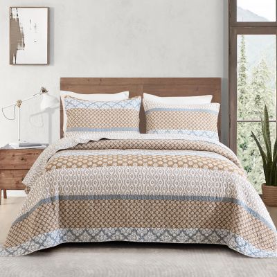 KALOOLA Brown Quilts Queen Size, 100% Cotton Soft Lightweight Quilted Bedding Set, Farmhouse Reversible Bedspread with 2 Pillowshams, Printed Floral Striped Coverlet for All Season, 3 Pieces