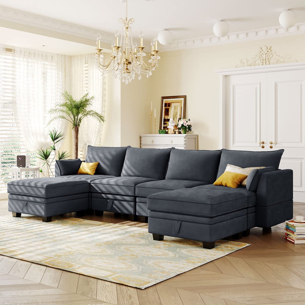 RUNNA Large U-Shape Modular Sectional Sofa with Storage Seat,Convertible Sofa Bed with Reversible Chaise,for Apartment Living Room Furniture (Dark Gray@V)