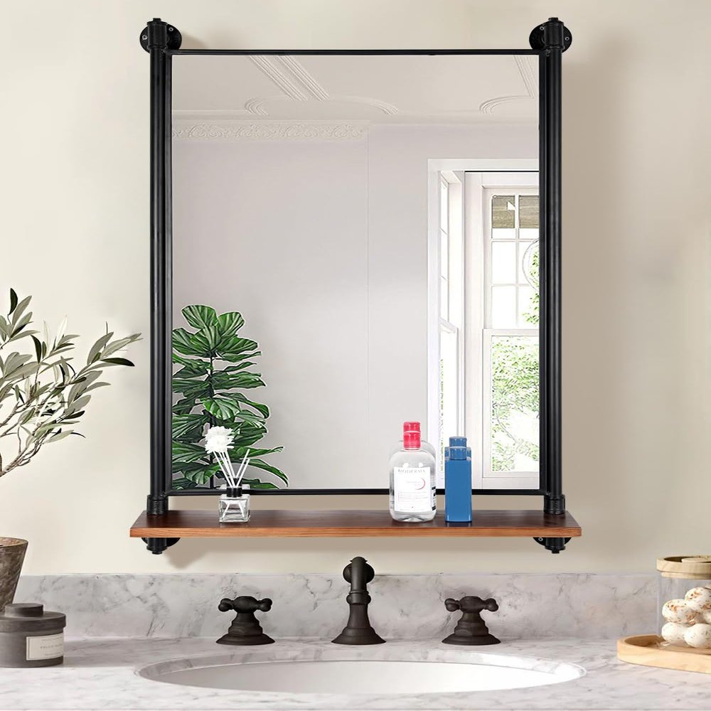 OLDRAINBOW Industrial Pipe Mirror Wood Shelves,Bedroom Mirror with Shelf,Rectangle Iron Wall Mirrors for Living Room Bedroom(34.6 x 23.6 in)