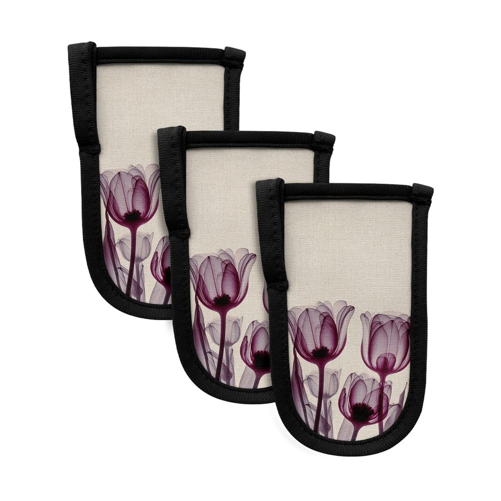 3 Pieces Hot Handle Holders Cover, Abstract Transparent Purplish Red Flower Tulip Cotton Linen Texture Heat Resistant Iron Skillet Removable Pan Handle Covers for Kitchen Pots, Pans, Stovetop, Burner
