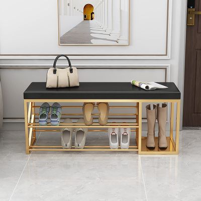 2-Tier Shoe Rack Bench with Boot Storage,Modern Entryway Bench Metal Shoe Storage Bench,Leather Upholstered Shoe Bench Shoe Organizer Furniture-Black 80x30x45cm(31x12x18inch)