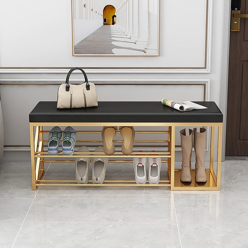 2-Tier Shoe Rack Bench with Boot Storage,Modern Entryway Bench Metal Shoe Storage Bench,Leather Upholstered Shoe Bench Shoe Organizer Furniture-Black 80x30x45cm(31x12x18inch)