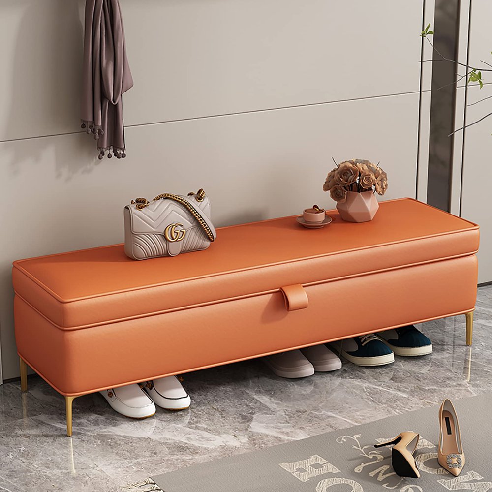 Storage Bench,Faux Leather Storage Bench,Premium End of Bed Bench with Storage,Modern Upholstered Bench Shoe Bench Bedroom Bench-Orange 80x40x45cm(31x16x18inch)