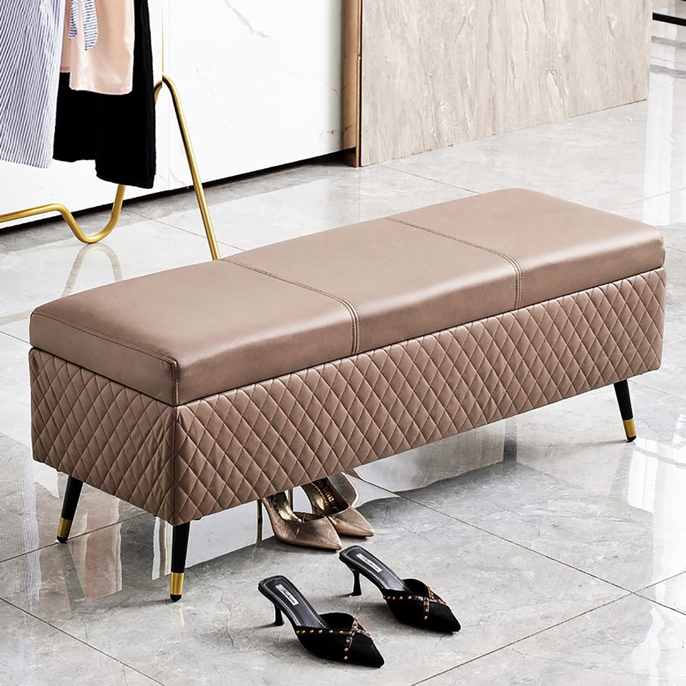 Leather Storage Bench,Premium Storage Bench End of Bed Upholstered Bench,Modern Bedroom Bench Entryway Bench with Storage-Brown 60x40x45cm(24x16x18inch)