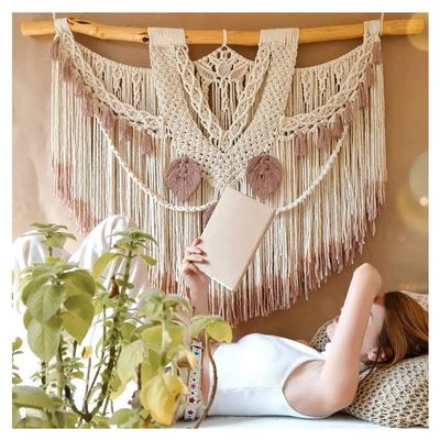 Macrame Wall Hanging Creative Hand Woven Tapestry, Beige and Pink Cotton Rope Woven Wall Decorations (Size : 160x120cm/63x47.2in)