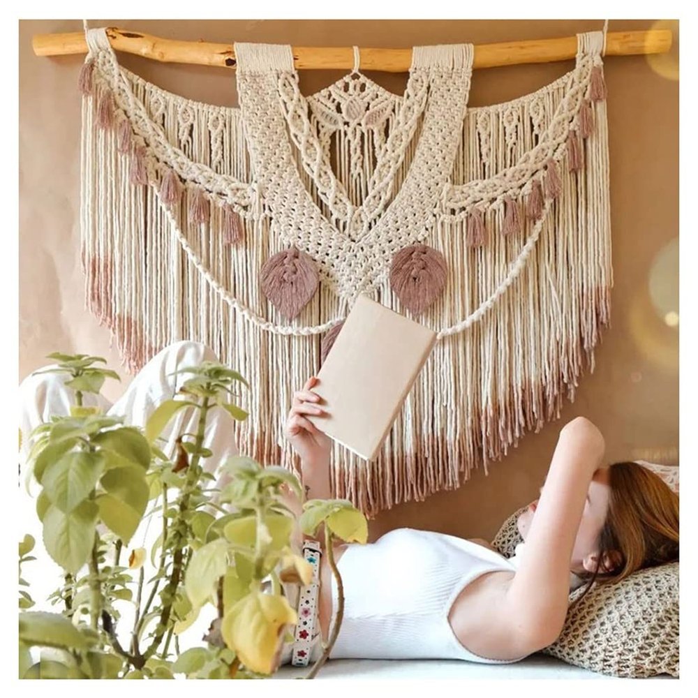 Macrame Wall Hanging Creative Hand Woven Tapestry, Beige and Pink Cotton Rope Woven Wall Decorations (Size : 160x120cm/63x47.2in)