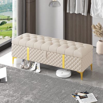 Storage Bench,Luxurious Storage Bench End of Bed Bench,Leather Upholstered Bench with Storage,Modern Storage Benches Bedroom Bench Storage Chest-Beige 100x40x45cm(39x16x18inch)