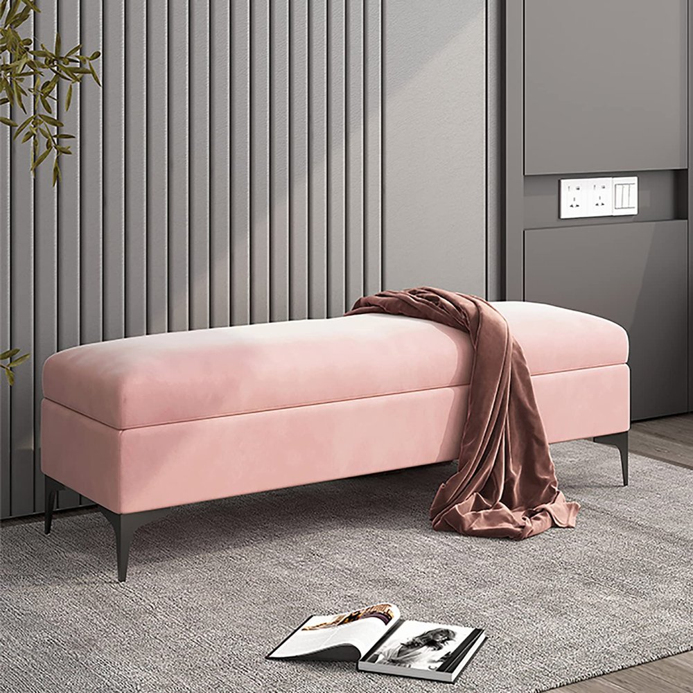 Velvet Upholstered Storage Bench - End of Bed Premium Chest With No Assembly Required - Pink 90x40x43cm (35x16x17inch)