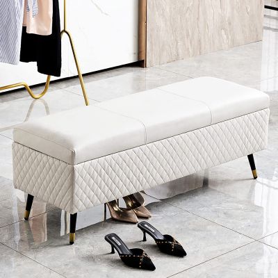Leather Storage Bench,Premium Storage Bench End of Bed Upholstered Bench,Modern Bedroom Bench Entryway Bench with Storage-White 60x40x45cm(24x16x18inch)