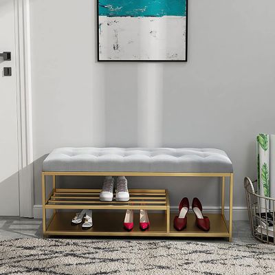 Modern Entryway Bench with Metal Shoe Shelf,Comfy Upholstered Shoe Bench Seat Shoe Organizer,Premium Shoe Rack Bench Shoe Storage Bench Furniture Decor-Velvet Bench Cushion 60x35x45cm(24x14x18inch)