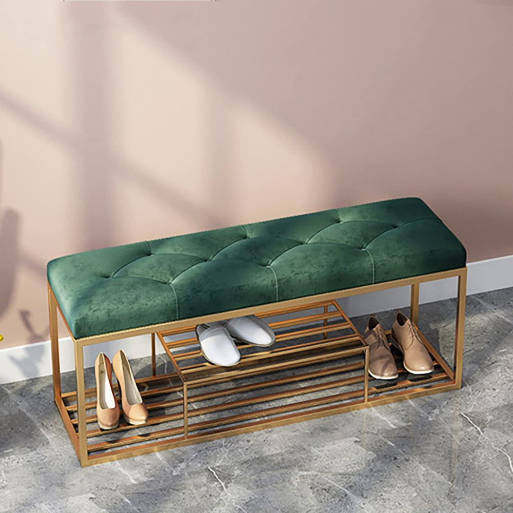 Luxurious Entryway Bench Shoe Rack Bench,Soft Velvet Upholstered Bench Seat Shoe Storage Bench,Modern Entry Shoe Bench Shoe Organizer Furniture-Green 100x30x45cm(39x12x18inch)