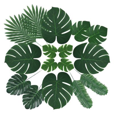 DULRLLY Palm Leaves Artificial Tropical Monstera 60Pcs 6 Kinds Large Small Green Fake Palm Leaf with Stems for Safari Jungle Hawaiian Luau Party Table Decoration Wedding Birthday Theme Party