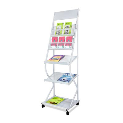 YANBI 5 Tier Brochure Magazine Rack, Magazine Catalog Literature Display Rack, Floor-Standing Magazine Holder, Metal Storage Stand with Wheels (Color : White)