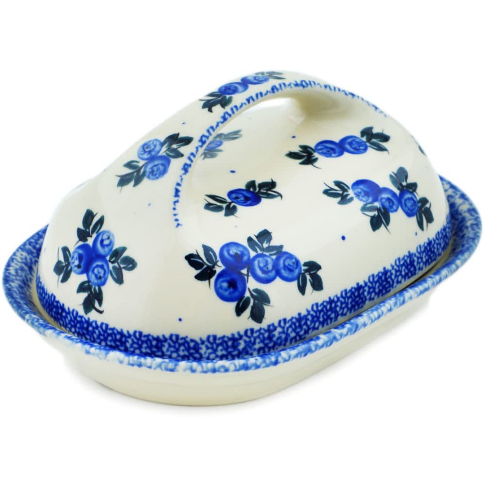 Polmedia Polish Pottery Butter Dish UNIKAT - Blue Berry Special Pattern Handmade in Boleslawiec Poland + Certificate of Authenticity