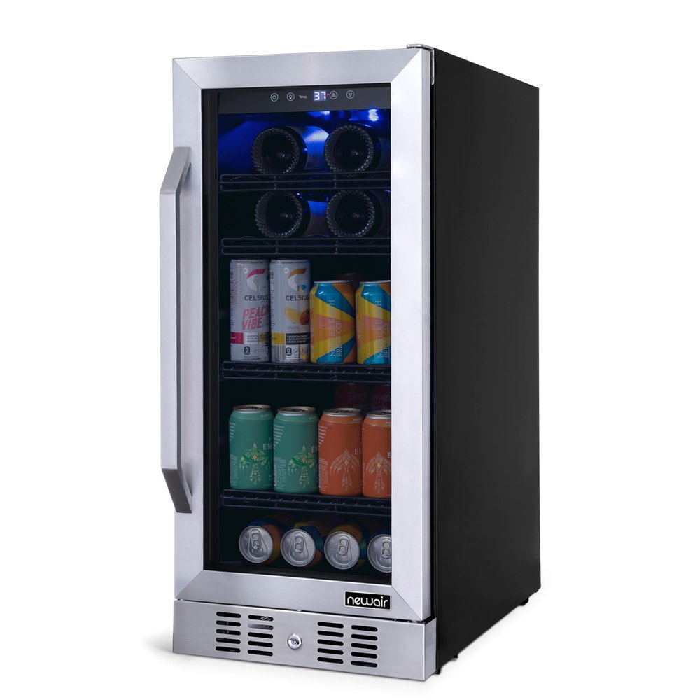 NewAir 15" Single Zone Beverage & Wine Fridge Beverage Refrigerator & Wine Cooler for 33 Bottles / 80 Cans | Freestanding or Built-In Under Counter Mini Fridge for Beer, Wine & Soda | Stainless Steel