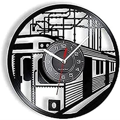 Vinyl Clock Non Ticking Wall Clock Railroad Train Retro Re-purposed Album Transport Art Home Watch Train Times Tickets Engineer Clock Mechanism 12CM