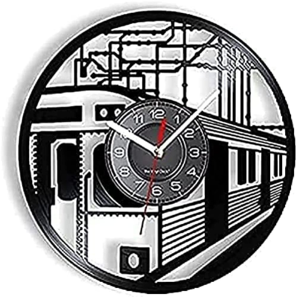 Vinyl Clock Non Ticking Wall Clock Railroad Train Retro Re-purposed Album Transport Art Home Watch Train Times Tickets Engineer Clock Mechanism 12CM