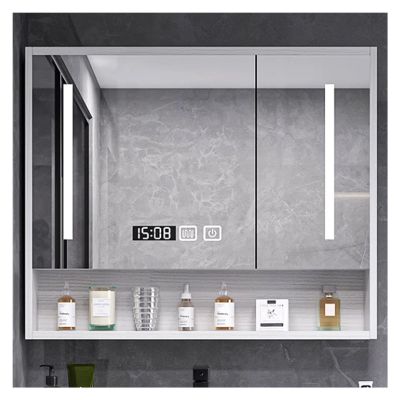 Bathroom Mirror Cabinet,LED Mirror Medicine Cabinet with Defogger, Clock, Room Temp Display, Recessed Or Surface Mount for Stylish Bathrooms (Color : White, Size : 68x70cm)