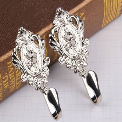 2pcs Fittings Holdback Hooks Bedroom Door Vintage Alloy Curtain Tieback Window Home Decor Wall Mounted Coat Hanger Rose Pattern (Color : Bright Silver)