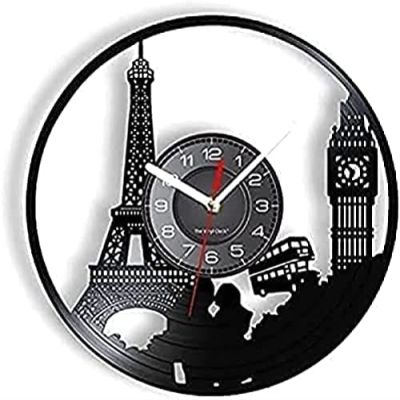 Vinyl Clock Non Ticking Wall Clock with Silent Non Ticking Paris London Travel Theme Vinyl Record Wall Clock Tower Big Ben Tower Travel Landmark Wall Art Retro Clock 30 5 Cm 12CM