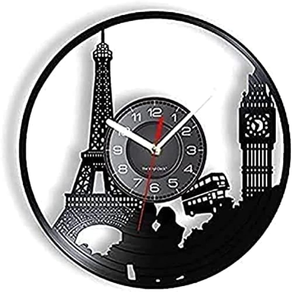 Vinyl Clock Non Ticking Wall Clock with Silent Non Ticking Paris London Travel Theme Vinyl Record Wall Clock Tower Big Ben Tower Travel Landmark Wall Art Retro Clock 30 5 Cm 12CM