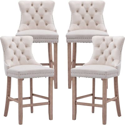 ODUSE-DAILY Velvet Bar Stools Set of 4-27" Seat Height Barstool, Bar Chairs Fit Counter or Bar Height, Kitchen Stools for Island, Tufted Back, Wood Frame, Upholstered (Beige, Set of 4)