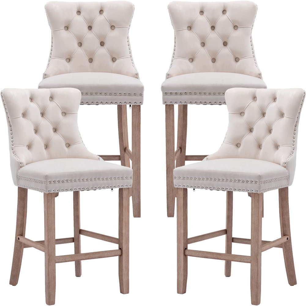 ODUSE-DAILY Velvet Bar Stools Set of 4-27" Seat Height Barstool, Bar Chairs Fit Counter or Bar Height, Kitchen Stools for Island, Tufted Back, Wood Frame, Upholstered (Beige, Set of 4)