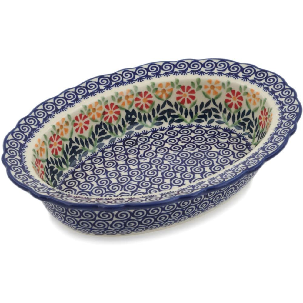 Polmedia Polish Pottery Platter 10-inch - Wave Of Flowers Pattern Handmade in Boleslawiec Poland + Certificate of Authenticity