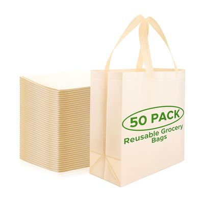 Simply Cool 50 Pack Reusable Eco-Friendly Grocery Shopping Bags 12.6"x6.3"x11.8" Durable, Recyclable, Washable, Foldable, Portable Tote Bags Bulk (50 Pack,Cream)