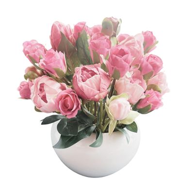 Artificial Peonies (real touch), Roses Classic Elegant Flower Plants Arrangement in White Vase Permanent Fixed