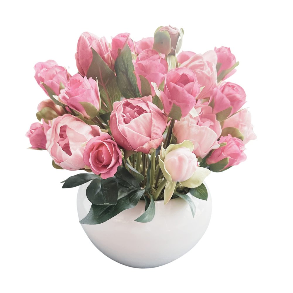 Artificial Peonies (real touch), Roses Classic Elegant Flower Plants Arrangement in White Vase Permanent Fixed