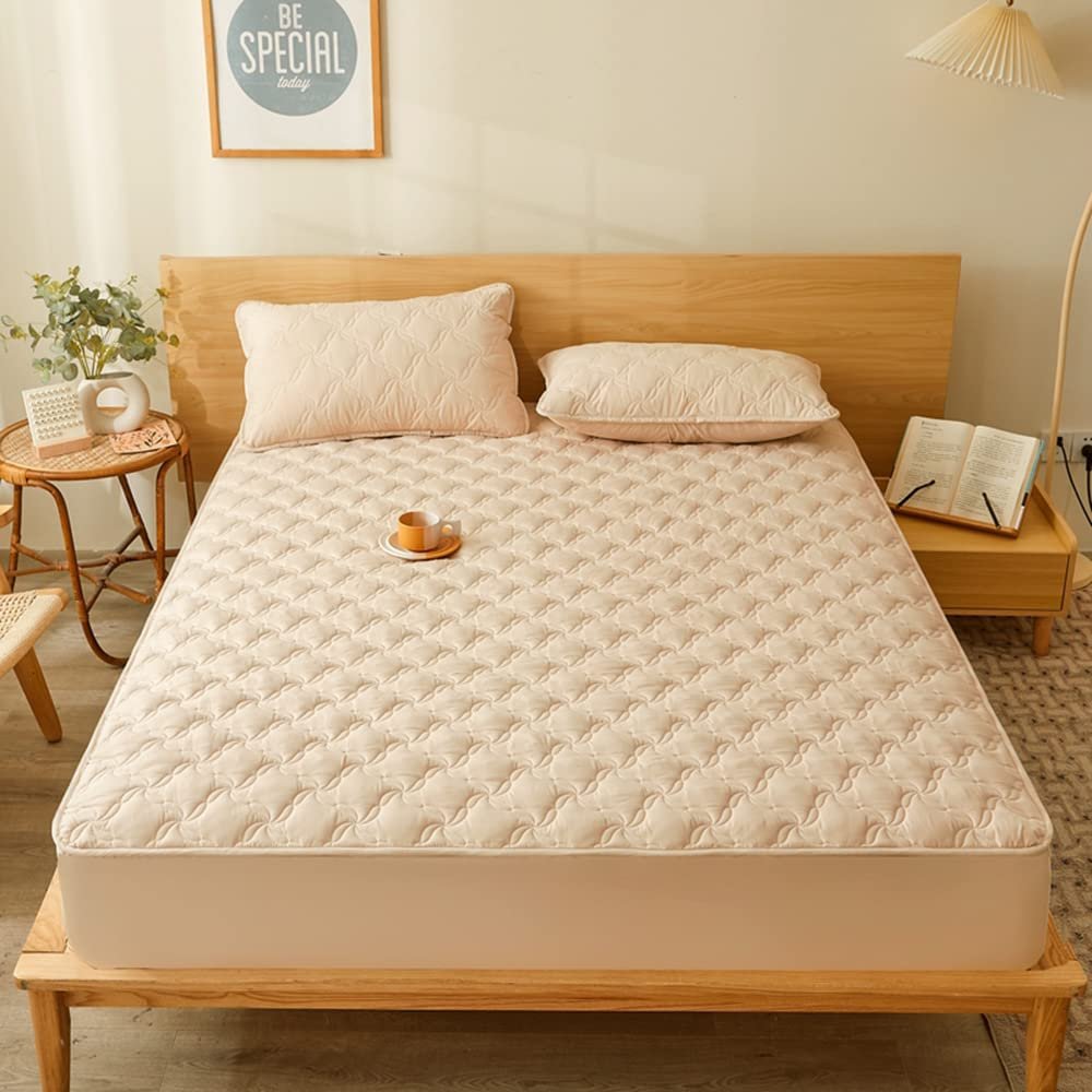 Quilted Fitted Sheet Mattress Pad - Bottom Sheet Mattress Cover, Elastic Fitted Mattress Protector - Deep Pocket - Soft Microfiber-1 Fitted Sheet Only (Tan, Queen)