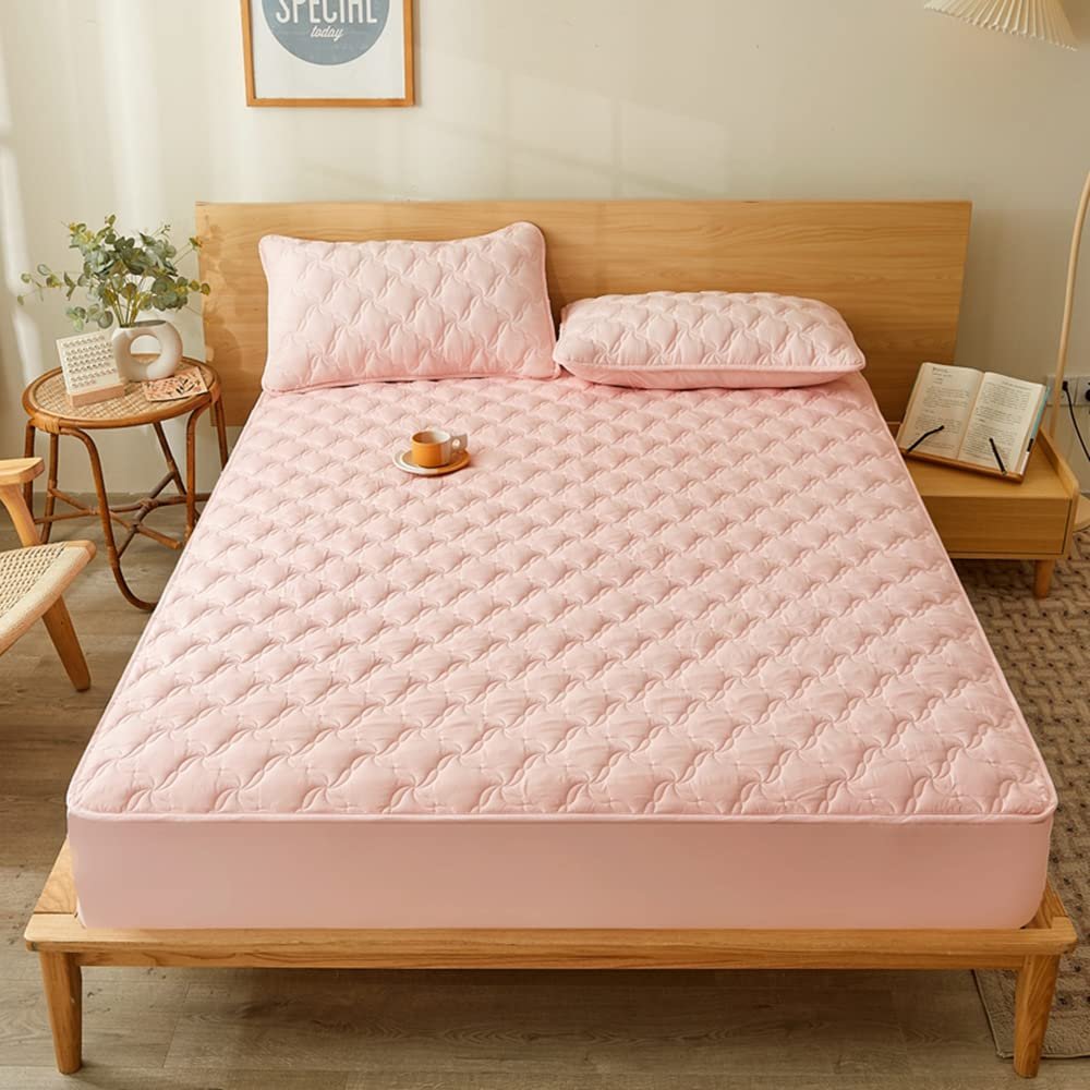 Quilted Fitted Sheet Mattress Pad - Bottom Sheet Mattress Cover, Elastic Fitted Mattress Protector - Deep Pocket - Soft Microfiber-1 Fitted Sheet Only (Pink, Full)