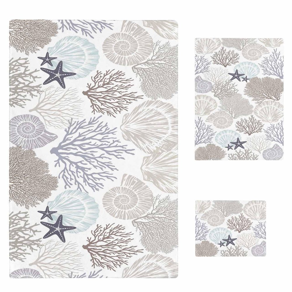 Anzona Purple Grey Oceans 3 Piece Bath Towels Set, Coral Starfish Seashells Marine Abstract Art Soft & Absorbent Towel for Bathroom, Hotel (1 Bath Towel 30x60, 1 Hand Towel 16x28, 1 Washcloth 13x13)