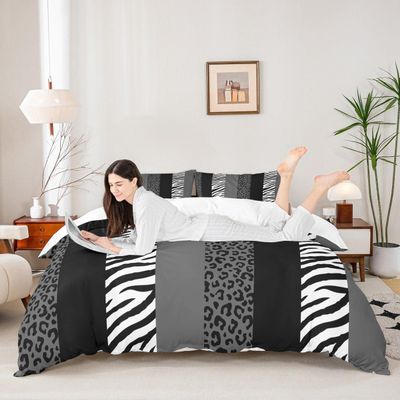 Leopard Print Kids Duvet Cover Set Twin Size,Zebra Abstract Animals Skin Texture Bedding Set,Girls Boys Adults Room Decor,Geometric Stripes Comforter Cover,Black White Grey Quilt Cover,1 Pillowcase