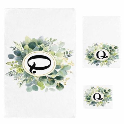 Anzona Eucalyptus Leaves 3 Piece Bath Towels Set, Spring Green Watercolor Monogram Letter Q Soft & Absorbent Towel for Bathroom, Hotel (1 Bath Towel 30x60, 1 Hand Towel 16x28, 1 Washcloth 13x13)