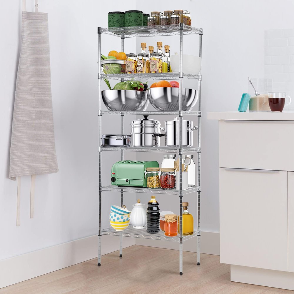 MKDLUFEI 6-Tier Adjustable Storage Shelves 2 Separable Wire Shelving with One 6-Tier Shelf or Two 3-Tier Shelf for Garage Kitchen Bathroom, 23.4 x 13.2 x 59 Inches Chrome Metal Shelving