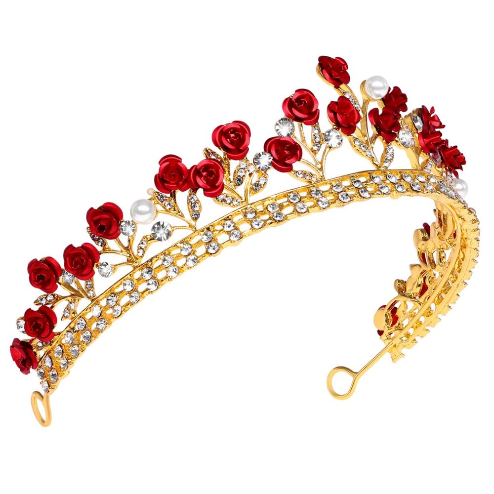 Beaupretty Red Rose Rhinestone Tiara Crown for Bridal Veils and Updos