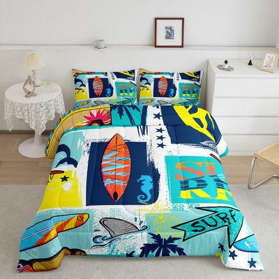 Castle Fairy Surfing Sports Full Size Comforter Set,Colorful Surf Themed Graffiti Painting Bedding Comforters Bedroom Collection,Surfboard Fish Stars Plaid Bedding Set for Girls Teens