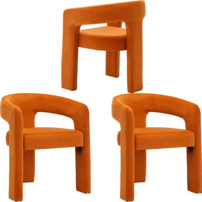 Wahson Orange Dining Chair Set of 3, Velvet Upholstered Modern Barrel Chair, Round Dining Chairs with Wooden Legs, Assembled Accent Armchairs for Dining Room/Living Room/Bedroom/Side
