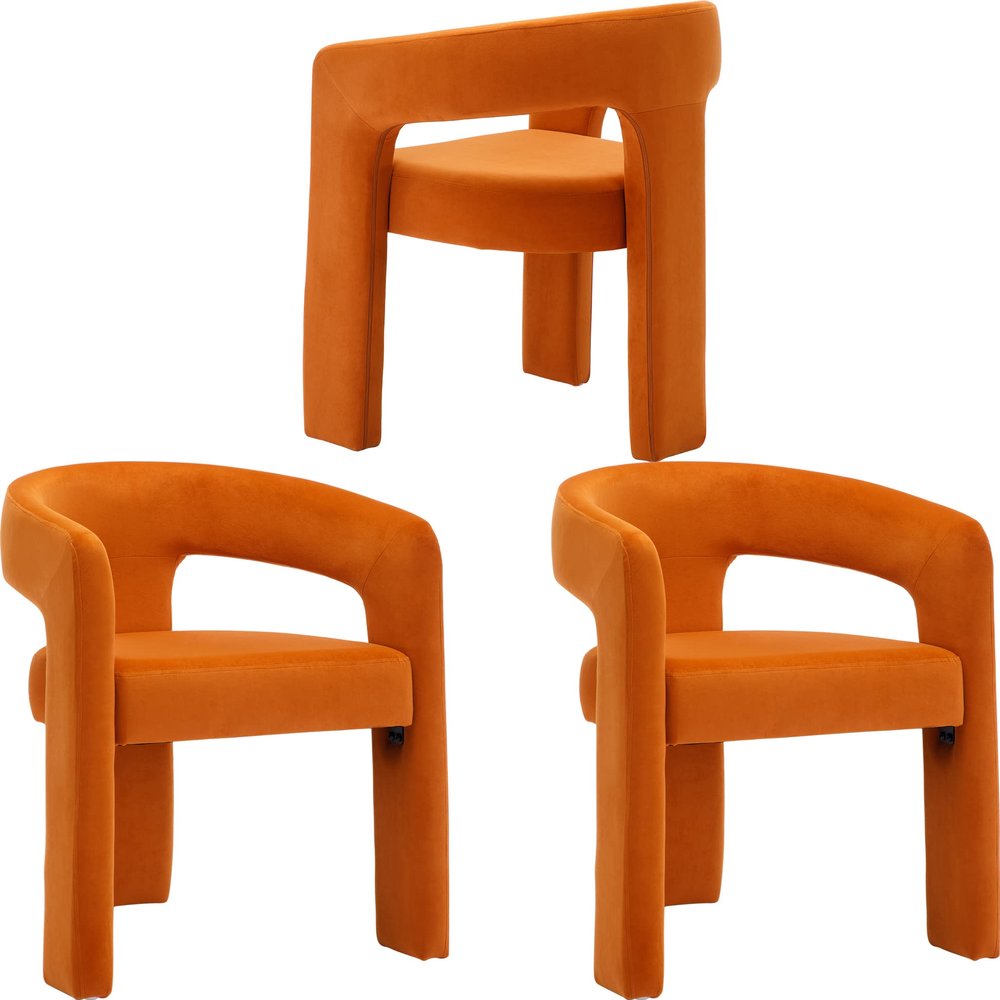 Wahson Orange Dining Chair Set of 3, Velvet Upholstered Modern Barrel Chair, Round Dining Chairs with Wooden Legs, Assembled Accent Armchairs for Dining Room/Living Room/Bedroom/Side