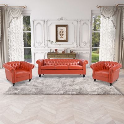 85" Chesterfield PU Fabric 3 Seater Couch-2 Set 39" Single Chair Set Furniture,Upholstered Sofa with Tufted Back,Roll Arm Classic Chesterfield Settee Couches for Living Room,Office(Orange + PU)