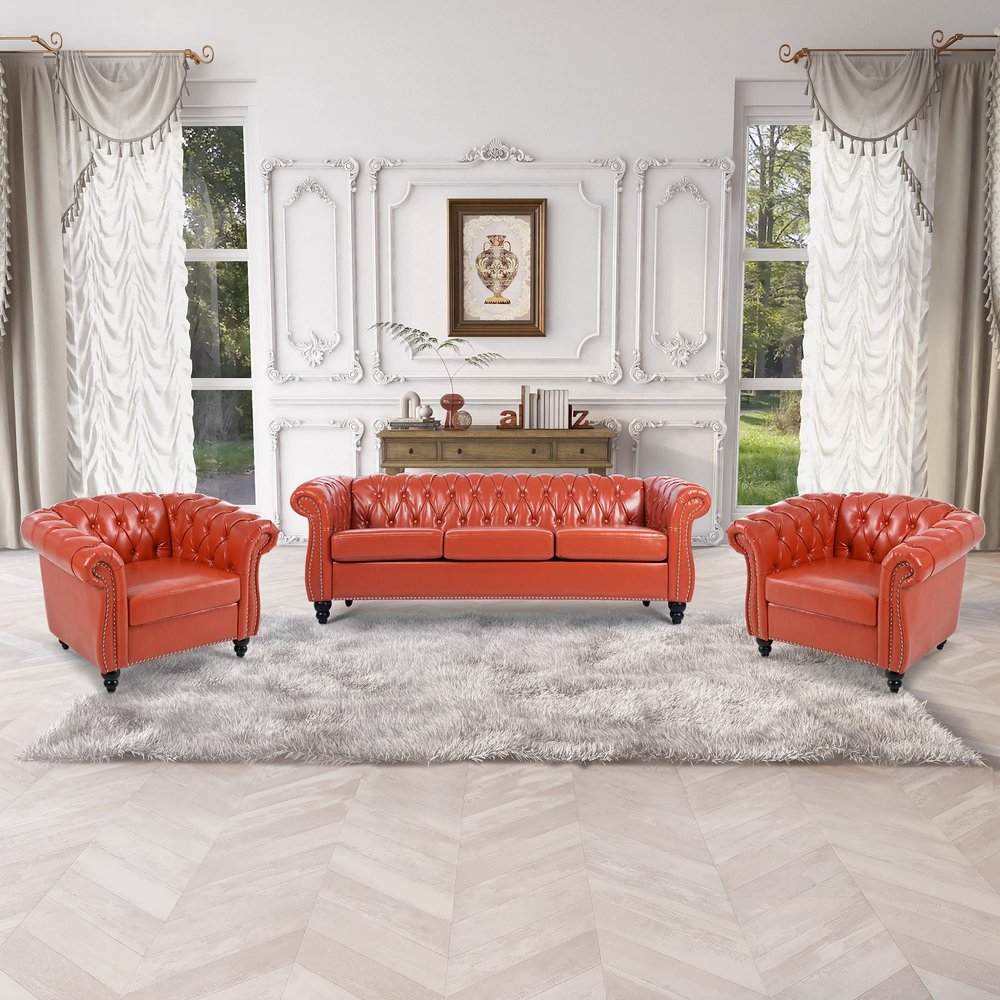 85" Chesterfield PU Fabric 3 Seater Couch-2 Set 39" Single Chair Set Furniture,Upholstered Sofa with Tufted Back,Roll Arm Classic Chesterfield Settee Couches for Living Room,Office(Orange + PU)