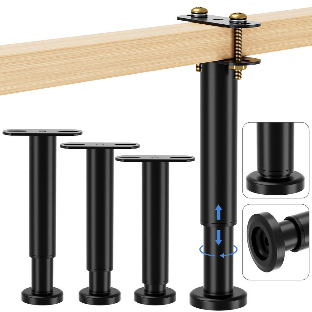 O.HSNYIU Set of 4 Adjustable Bed Legs Replacement, Adjustable Metal Bed Frame Support Legs 7.08-12.6 inch, Upgrade Under Bed Support Leg with Wider Base, Heavy Duty Center Support Legs