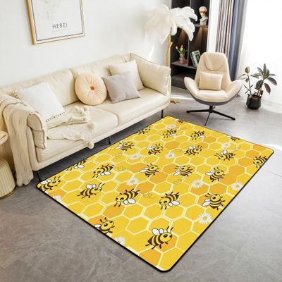 Erosebridal Bee Area Rug 3x5, Honeycomb Rug for Kids Boys Girls, Flying Wildlife Flowers Geometric Carpet for Bedside, Hexagon Beehive Farmhouse Floral Simplistic Non Slip Decorative Rug