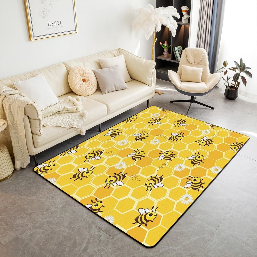 Erosebridal Bee Area Rug 3x5, Honeycomb Rug for Kids Boys Girls, Flying Wildlife Flowers Geometric Carpet for Bedside, Hexagon Beehive Farmhouse Floral Simplistic Non Slip Decorative Rug