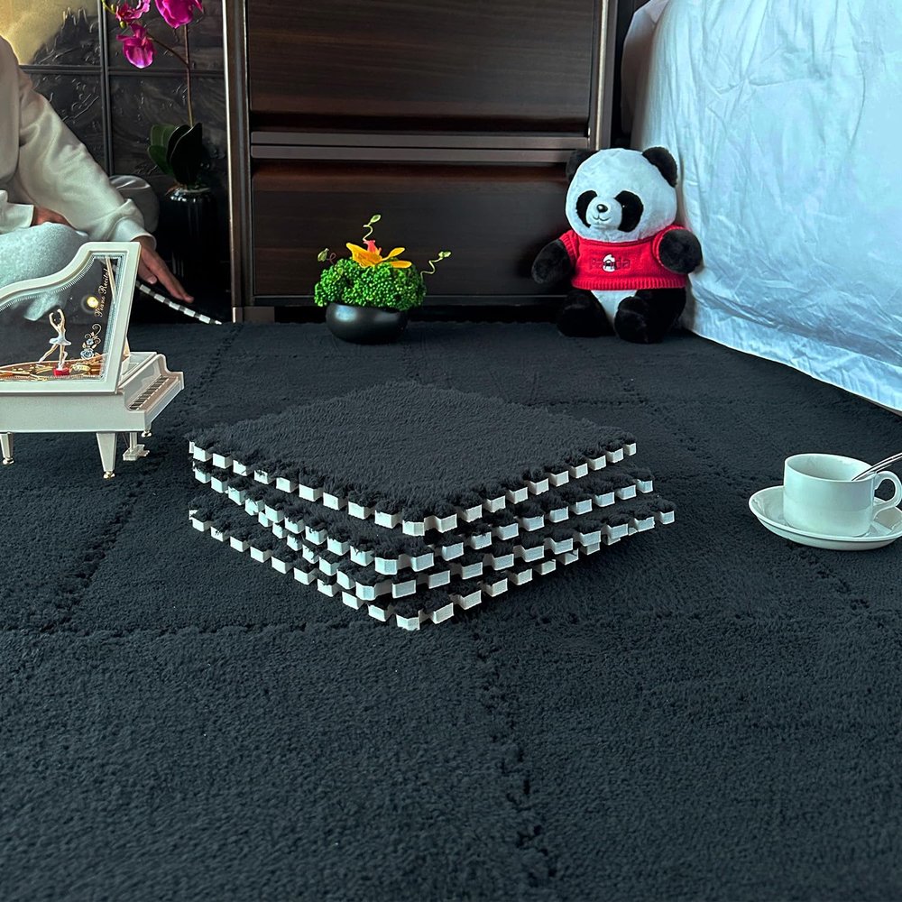 16 Pcs Kids Foam Interlocking Carpet Tiles with Border, Thick Carpet Squares Plush Floor Playmats Baby Crawling Rug - 49" x 49" (Black, 16 Tiles)