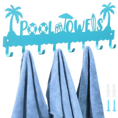 Capoda Pool Towel Rack Metal Hook Rack Wall Mounted Summer Beach Pool Towel Holder with 8 Hooks for Storage Robe Swimsuit, Coat, Bags, Phone, Keys(Blue)
