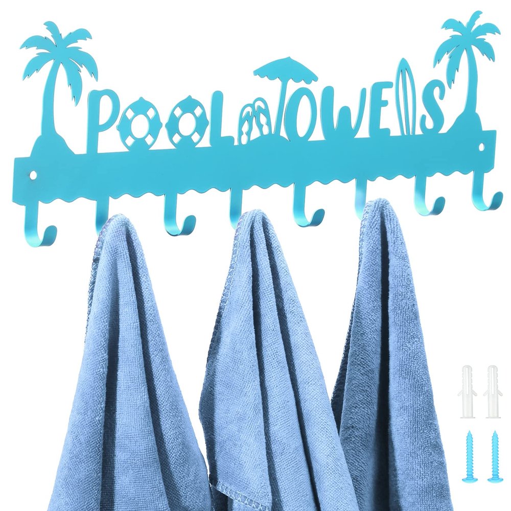Capoda Pool Towel Rack Metal Hook Rack Wall Mounted Summer Beach Pool Towel Holder with 8 Hooks for Storage Robe Swimsuit, Coat, Bags, Phone, Keys(Blue)